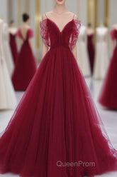 Wine Red Tulle V-Neckline Off Shoulder With Bow, Wine Red Tulle Long Evening Prom Dresses