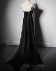 Black Soft Satin A-Line Floor Length Evening Prom Dresses, Black Straps Long Evening Dresses