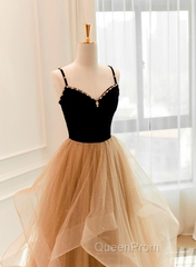 A-Line Champagne Tulle Sweetheart Beaded Long Evening Prom Dresses, Tulle Layers Party Dresses