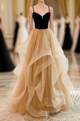 A-Line Champagne Tulle Sweetheart Beaded Long Evening Prom Dresses, Tulle Layers Party Dresses