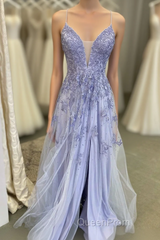 Lavender Tulle V-Neckline Long Party Dresses, Lavender Straps Evening Prom Dresses Formal Dresses