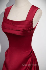 A-Line Sleeveless Wine Red Satin Evening Dresses, Wine Red Long Evening Prom Dresses