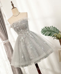 Gray Sweetheart Lace Tulle Short Evening Prom Dresses, Gray Cocktail Dresses
