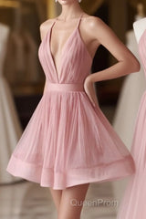 Simple Pink Tulle Short Evening Prom Dresses, Pink Cocktail Dresses