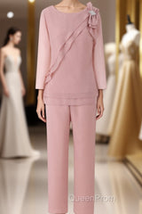 Pink Ruffles 3/4 Sleeves Mother of the Bride Pant Suits