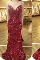 Mermaid Red Sequin V-Neck Lace-Up Back Evening Prom Dresses