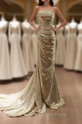 Gold Sequins Mermaid Scoop Long Evening Dresses, Gold Long Evening Prom Dresses Party Dresses