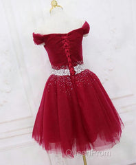 Burgundy Tulle Sequin Short Evening Prom Dresses, Burgundy Homecoming Dresses, 1