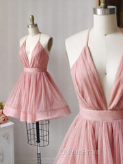 Simple Pink Tulle Short Evening Prom Dresses, Pink Cocktail Dresses
