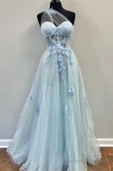 One-Shoulder Light Blue Tulle 3D Floral Lace A-Line Prom Dress
