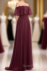 Burgundy Chiffon Strapless Ruffled A-Line Long Bridesmaid Dresses