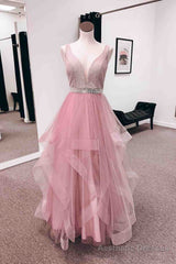 Pink A-line V Neck Tulle Layers Long Prom Dress with Bleaded Sash