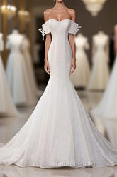 White Sequin Mermaid Long Evening Prom Dresses, White Wedding Dresses