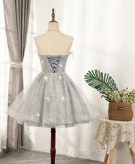 Gray Sweetheart Lace Tulle Short Evening Prom Dresses, Gray Cocktail Dresses