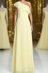 One Shoulder Yellow Ruffles A-line Long Bridesmaid Dresses