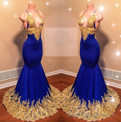 Amazing Royal Blue Mermaid With Gold Appliques Sweetheart Spaghetti Straps Backless Prom Dresses