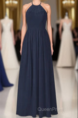 Elegant Navy Blue Chiffon A-line Long Bridesmaid Dresses