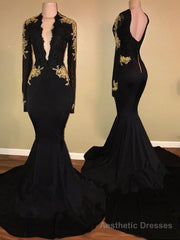 Deep V Neck Backless Long Sleeve Satin Black Mermaid Appliques 2025 Prom Dresses
