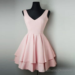 V Neck Sleeveless Simple A Line Tiered Pleated Satin Charming Homecoming Dresses