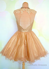 Cap Sleeve Jewel Appliques Sequins Sheer A Line Gold Organza Backless Homecoming Dresses