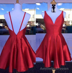 Deep V Neck Red Straps Backless Sleeveless A Line Satin Pleated Homecoming Dresses