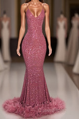 2023 Charming Mermaid Hot Pink Sequence With Feathers Halter Backless Evening Prom Dresses
