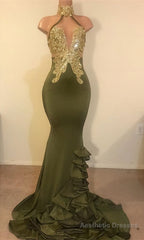 2025 New Arrival Mermaid High Neck Beaded Green Ruch Backless Prom Dresses