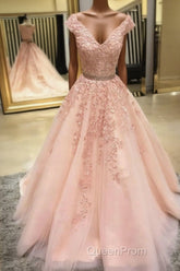 Pink Sleeveless V Neck Tulle Lace Applique Long Evening Prom Dresses