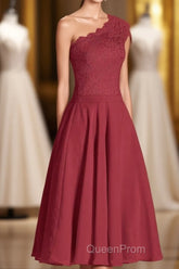 One-Shoulder Burgundy Lace A-Line Short Bridesmaid Dresses