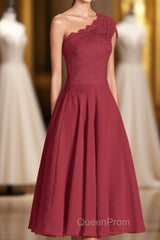 One-Shoulder Burgundy Lace A-Line Short Bridesmaid Dresses