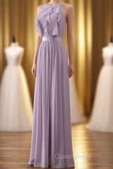 Lilac Halter Open Back Ruffled Long Bridesmaid Dresses