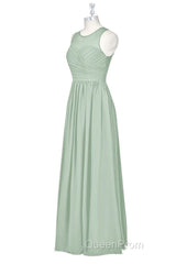Sage Green Chiffon Sheer Neck A-Line Long Bridesmaid Dresses
