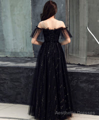 Black Tulle Off Shoulder Long Prom Dress, Black Formal Dress