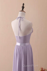 Lilac Halter Open Back Ruffled Long Bridesmaid Dresses