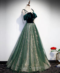 Green Tulle Lace Long Evening Prom Dresses, Green Tulle Lace Formal Dresses, 1