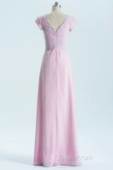 Short Sleeves Pink Appliques Knot Long Bridesmaid Dresses
