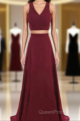 Two Piece Evening Prom Dresses A-Line Floor-length Burgundy Chiffon Evening Prom Dresses