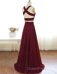 Two Piece Evening Prom Dresses A-Line Floor-length Burgundy Chiffon Evening Prom Dresses