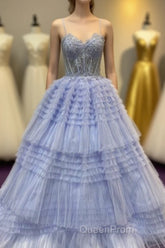 Periwinkle Lace Sweetheart Tiered Long Evening Prom Dresses with Ruffles