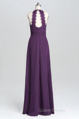 Purple Halter A-line Pleated Long Bridesmaid Dresses