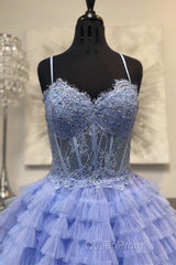 Periwinkle Lace Sweetheart Tiered Long Evening Prom Dresses with Ruffles