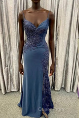 Elegant Navy Blue Long Evening Prom Dresses with Lace Appliques