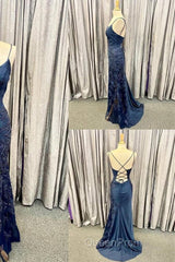 Elegant Navy Blue Long Evening Prom Dresses with Lace Appliques