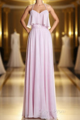 Pink Straps Flounce Chiffon A-line Long Bridesmaid Dresses