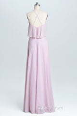 Pink Straps Flounce Chiffon A-line Long Bridesmaid Dresses