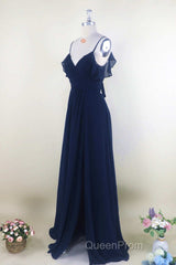 Navy Blue Chiffon Cold-Shoulder A-Line Long Bridesmaid Dresses