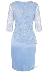 Light Blue Crew Neck Lace Half Sleeve Short Mother of the Bride Dresses