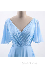 Flutter Sleeves Blue Chiffon A-line Long Bridesmaid Dresses