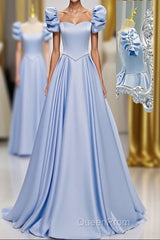 Blue Satin Backless Long Evening Prom Dresses, Blue Evening Dresses