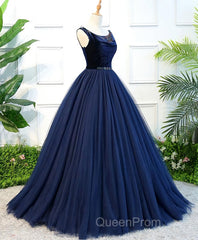 Dark Blue Tulle Long Evening Prom Dresses, Dark Blue Tulle Evening Dresses